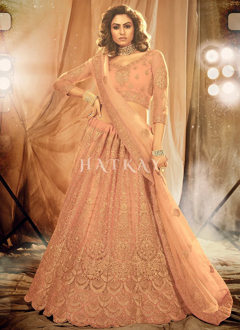 Soft Peach Zari Embroidery Wedding Lehenga Choli