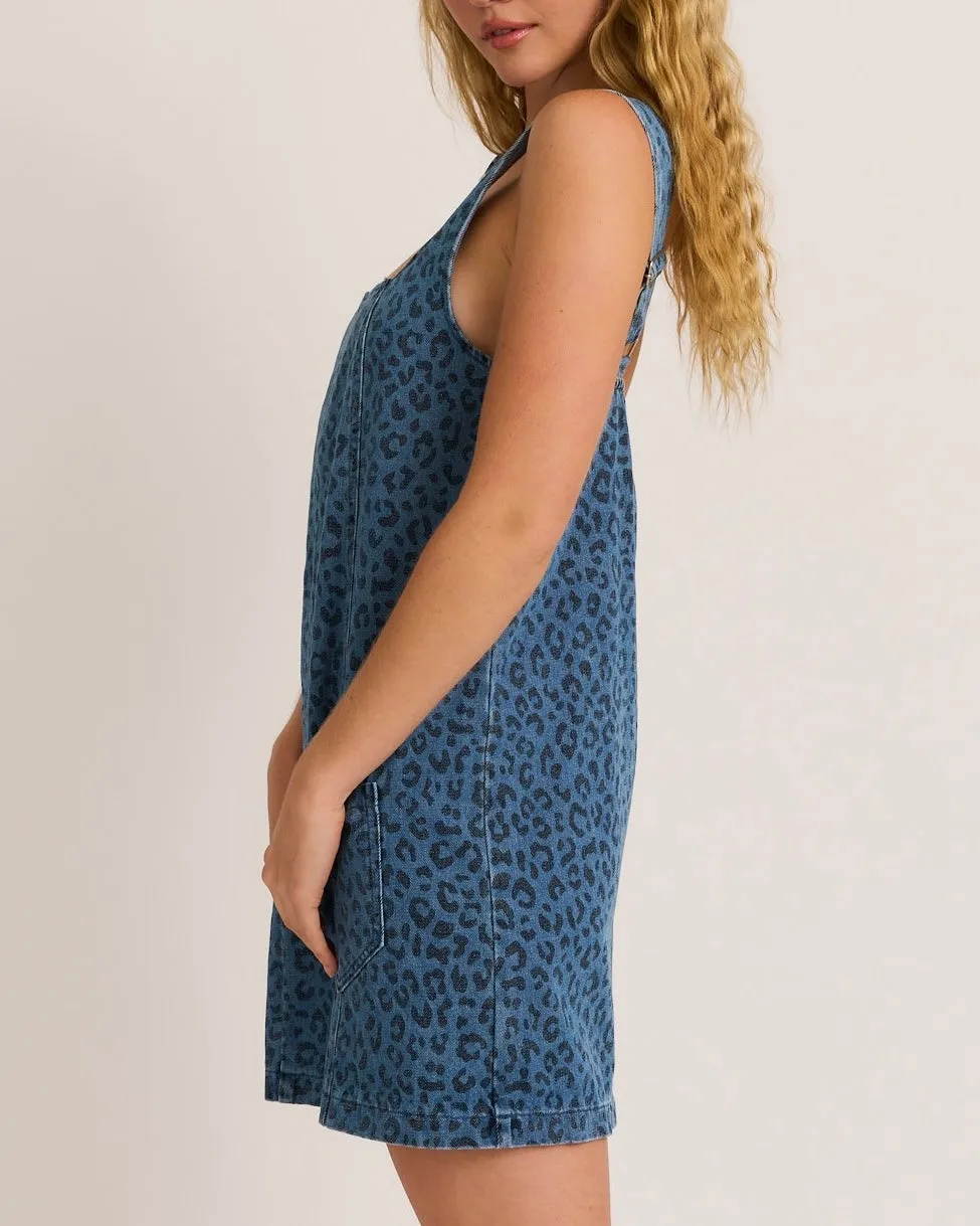 Square Neck Sleeveless Animal Print Denim Dress