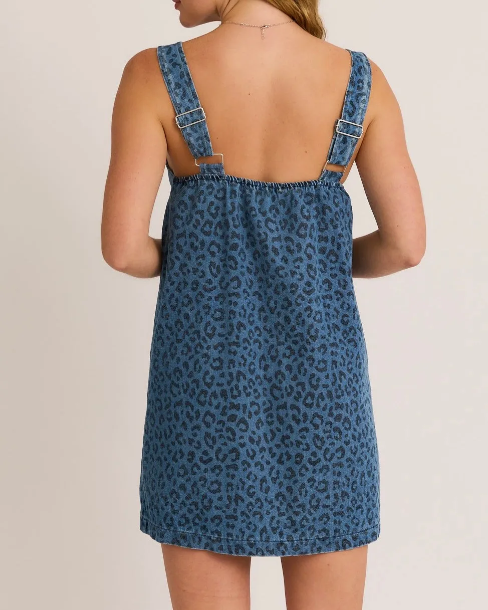 Square Neck Sleeveless Animal Print Denim Dress