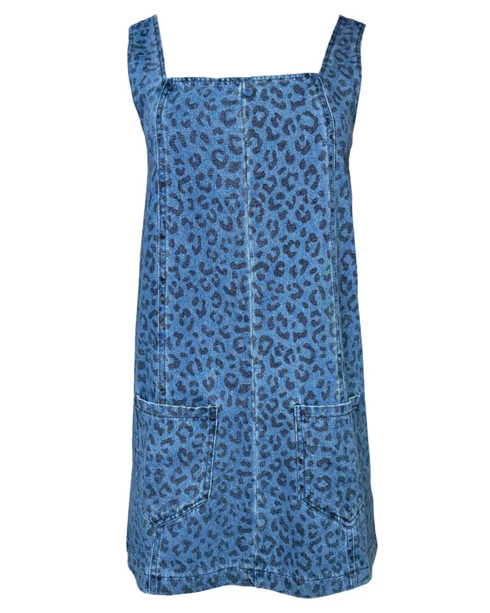 Square Neck Sleeveless Animal Print Denim Dress