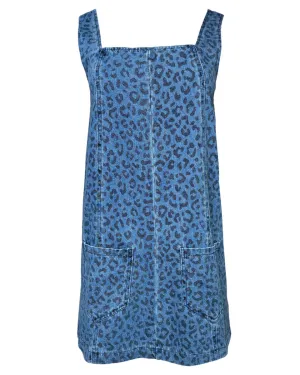 Square Neck Sleeveless Animal Print Denim Dress