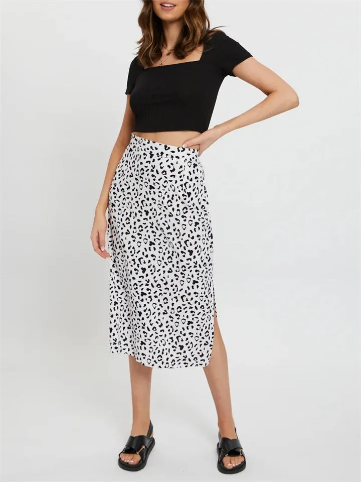 Stylish Elegant Leopard Printed High Waist Zipper Slit Hem Skirts