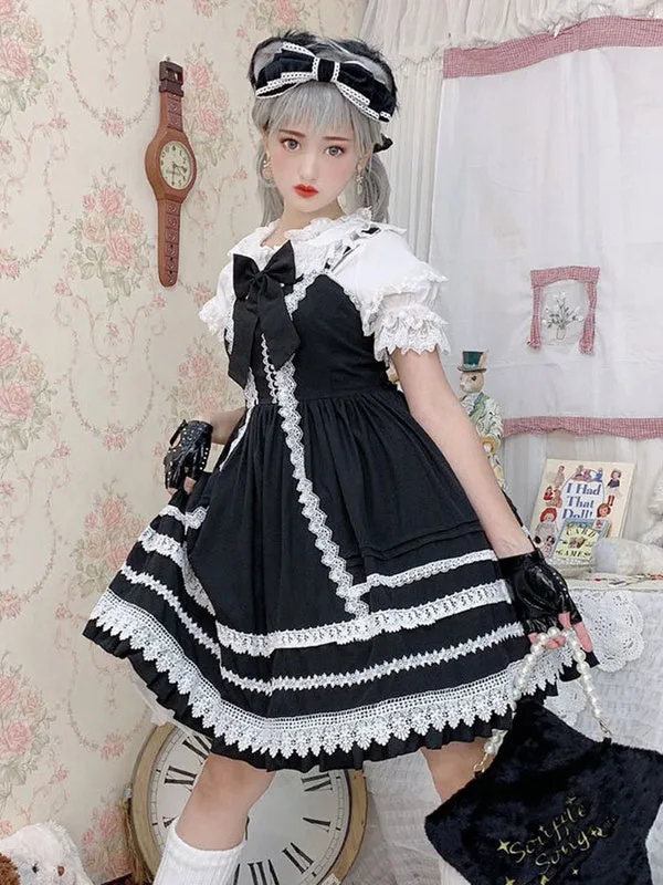 Sweet Lolita JSK Dress Black Sleeveless Ruffles Two-Tone Polyester Fiber Lolita Jumper Skirts