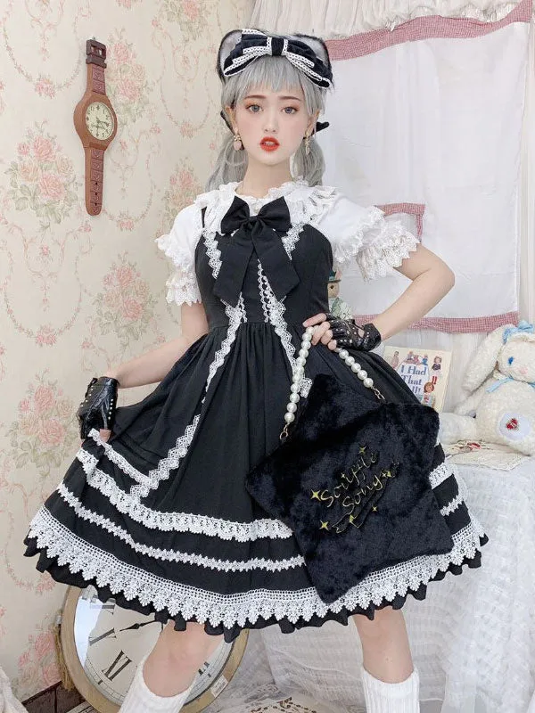Sweet Lolita JSK Dress Black Sleeveless Ruffles Two-Tone Polyester Fiber Lolita Jumper Skirts