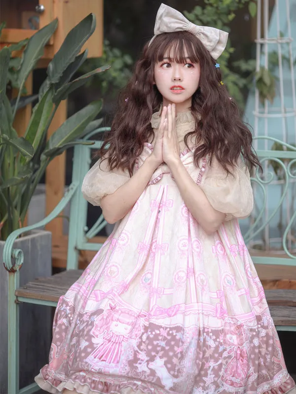 Sweet Lolita JSK Dress Light Sky Blue Polyester Sleeveless Bows Sweet Lolita Jumper Skirts