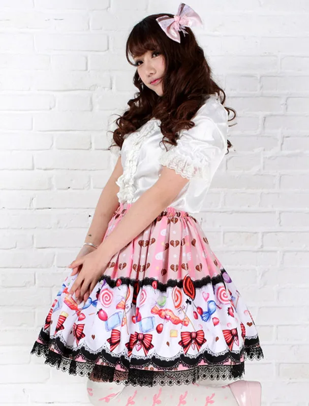 Sweet Pink Lolita Short Skirt Polyester Candy Print Lace Trim