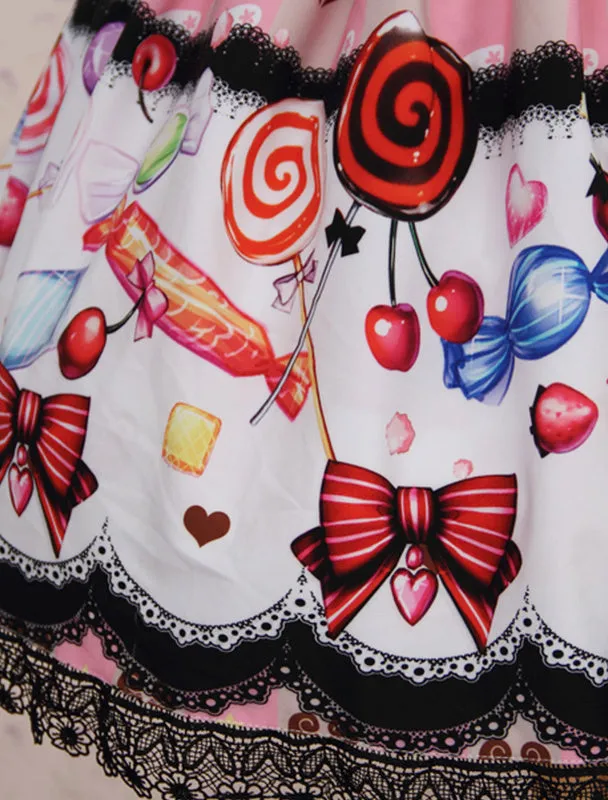 Sweet Pink Lolita Short Skirt Polyester Candy Print Lace Trim