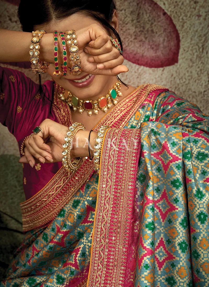 Teal And Pink Embroidery Traditional Satin Silk Saree