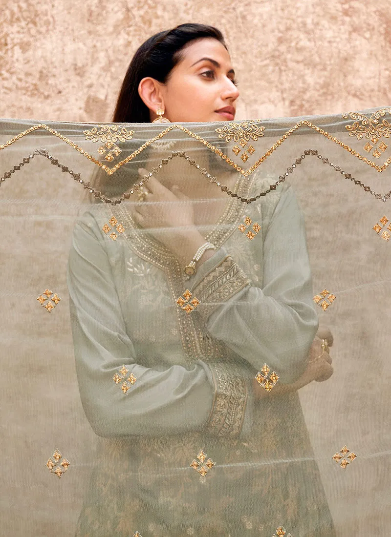 Teal Golden Zari Embroidered Wedding Palazzo Suit