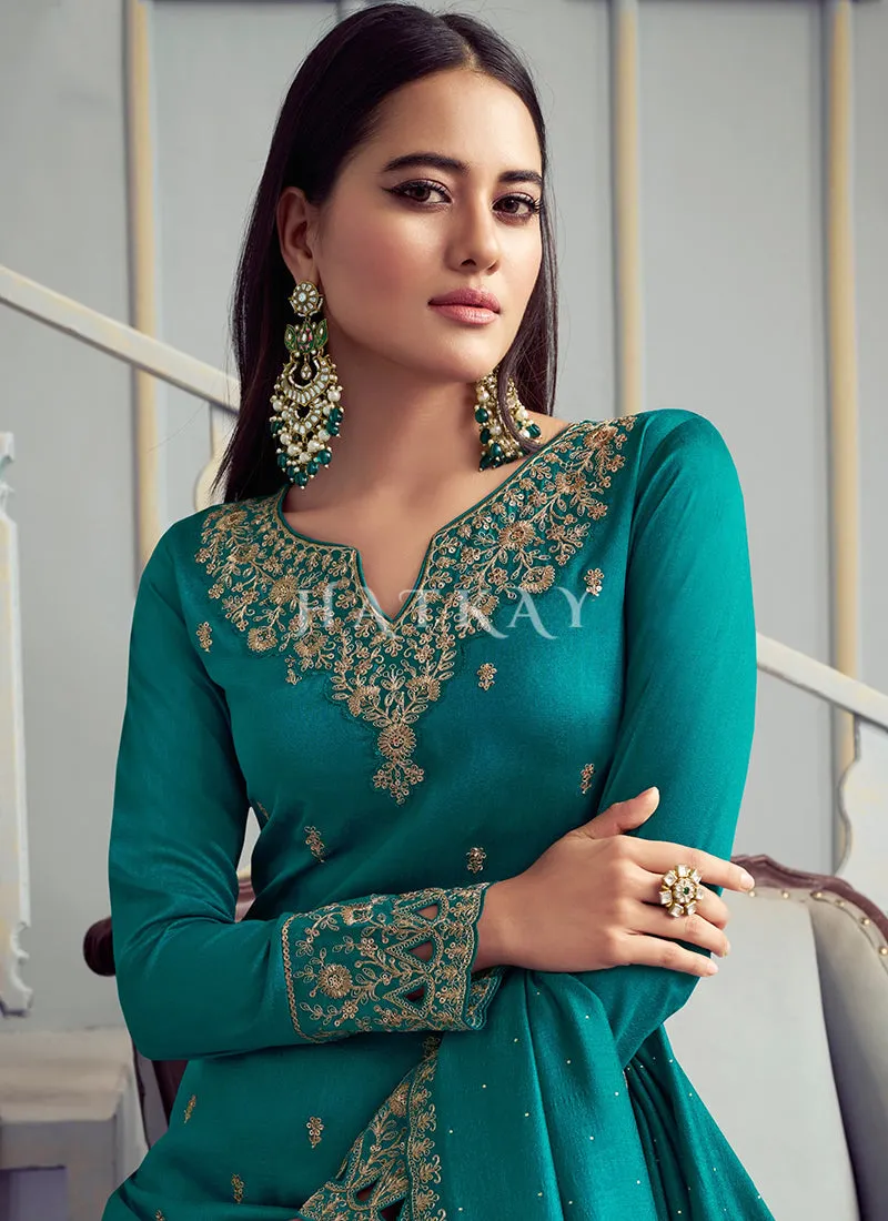 Turquoise Embroidery Festive Palazzo Suit