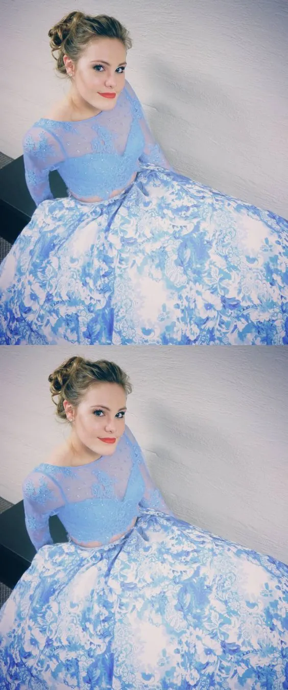 Two Piece Prom Dress With Long Sleeves, White Blue Printed Prom Dresses OKH51