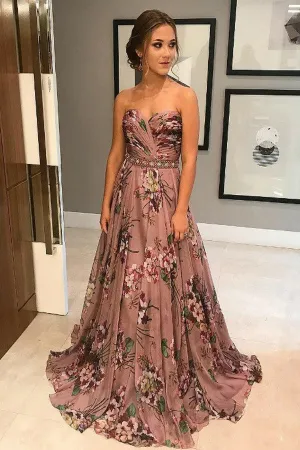 Unique A-Line Sweetheart Sweep Train Floral Printed Chiffon Prom Dresses with Beading OKA32