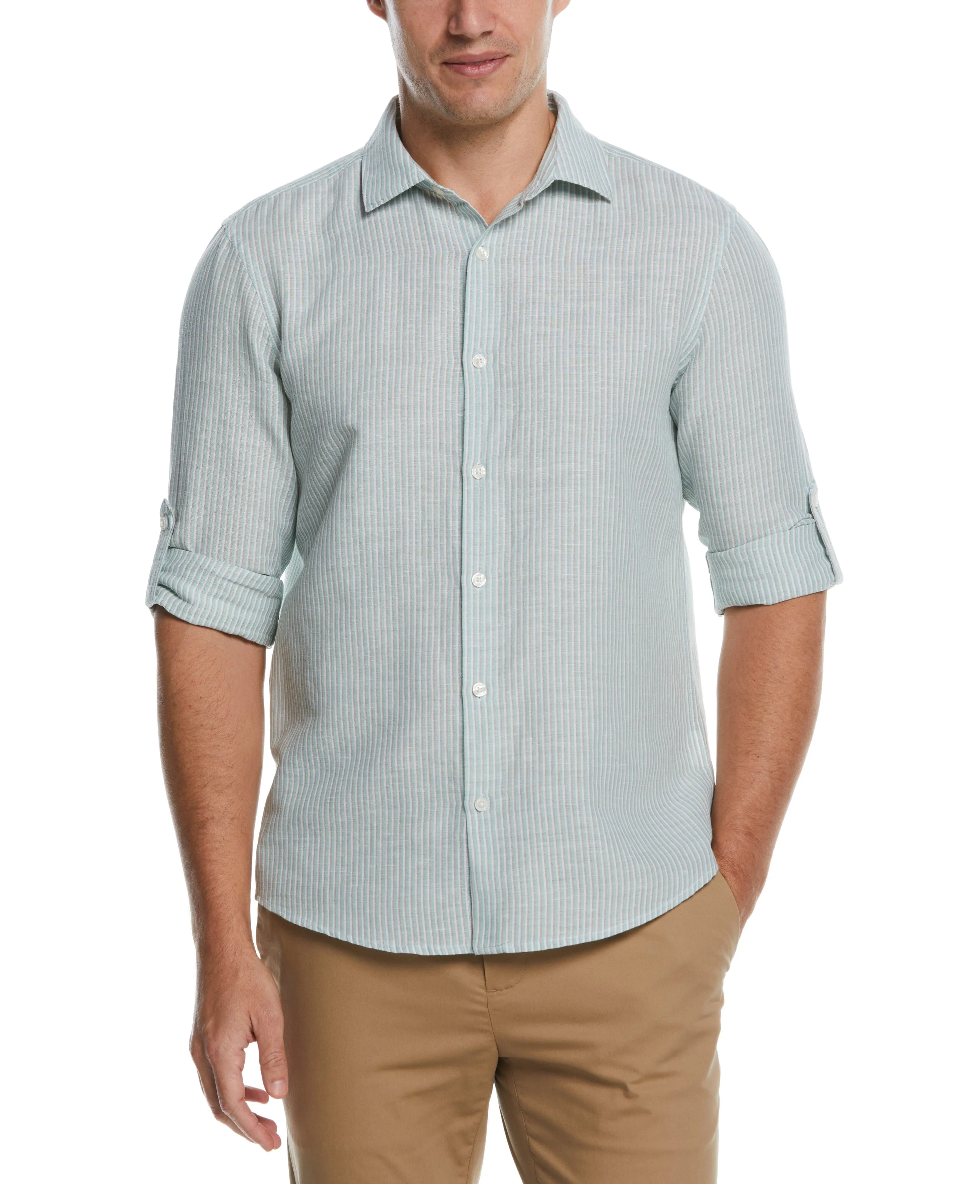 Untucked Roll Sleeve Linen Blend Stripe Shirt