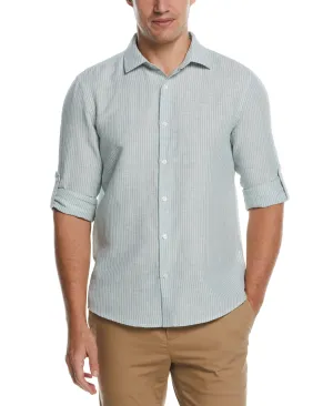 Untucked Roll Sleeve Linen Blend Stripe Shirt