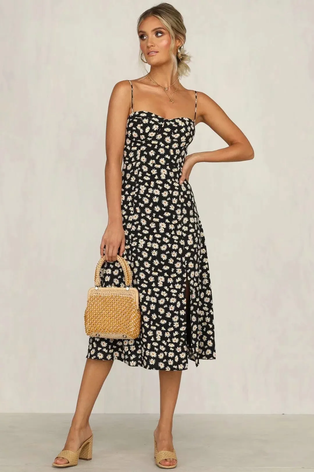 Vintage Floral Printed Suspenders Daisy Midi Dresses