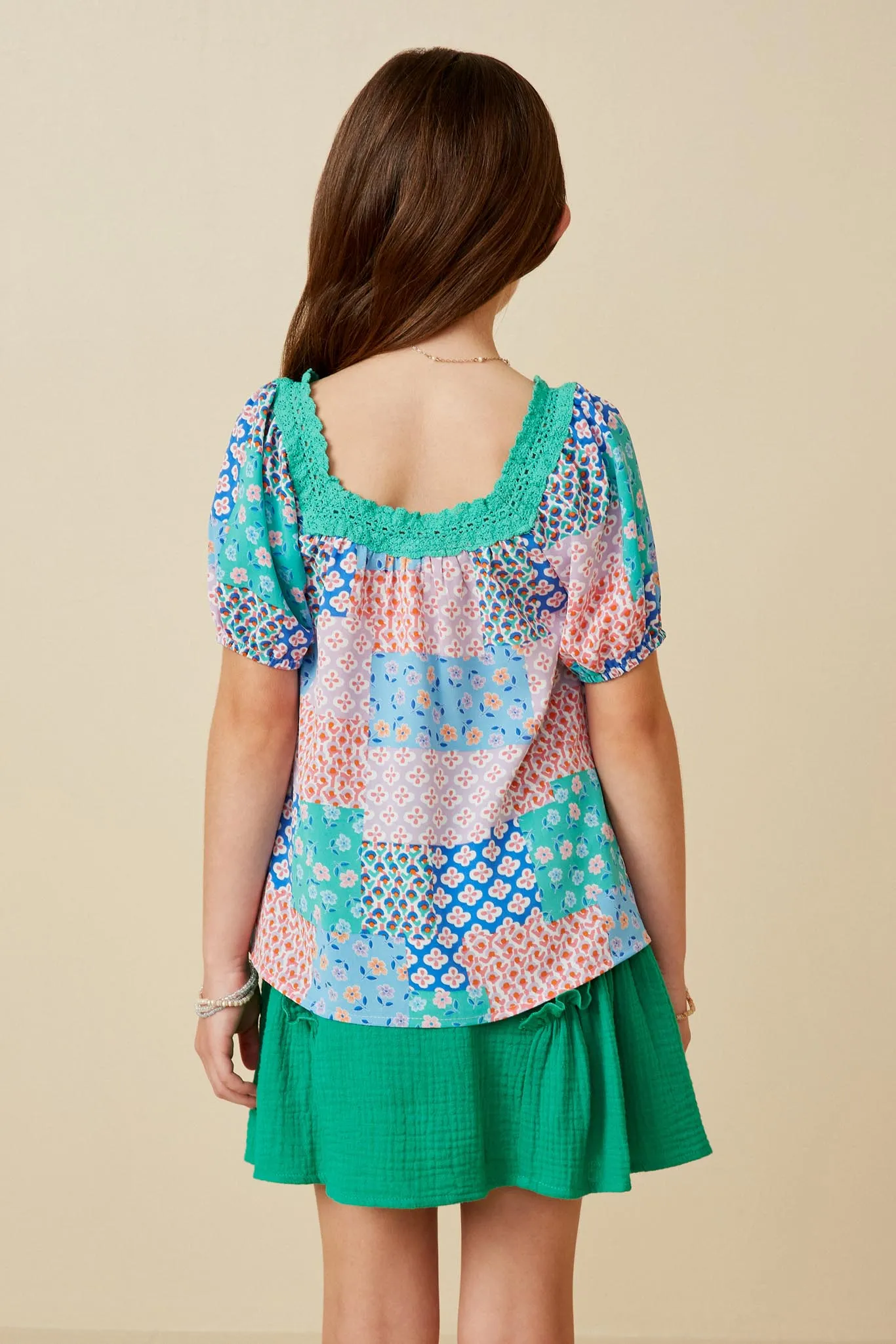 Vivid Patch Print Lace Trimmed Square Neck Top