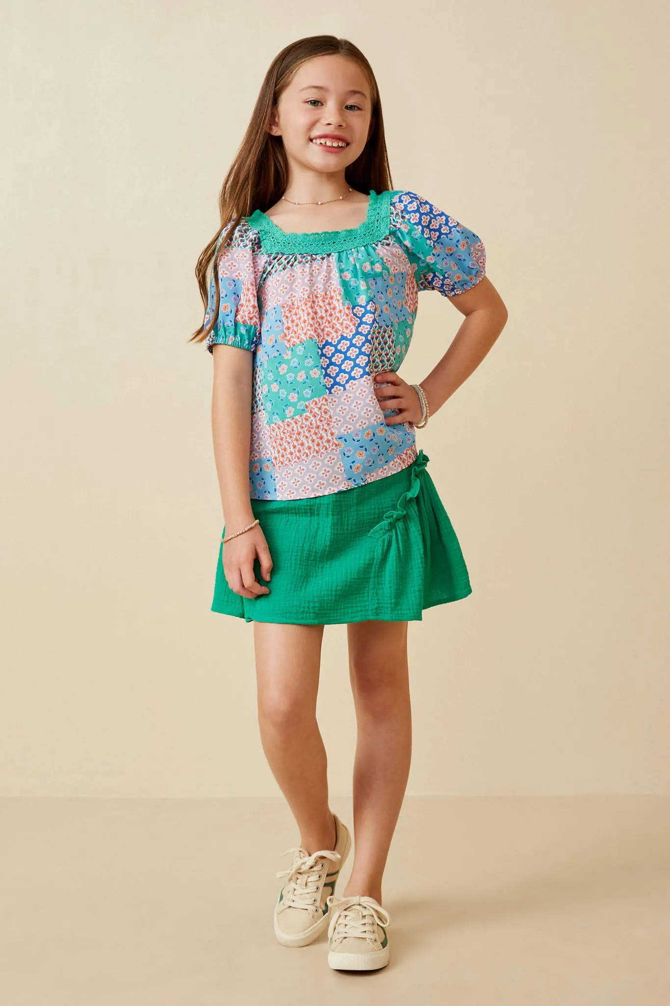Vivid Patch Print Lace Trimmed Square Neck Top