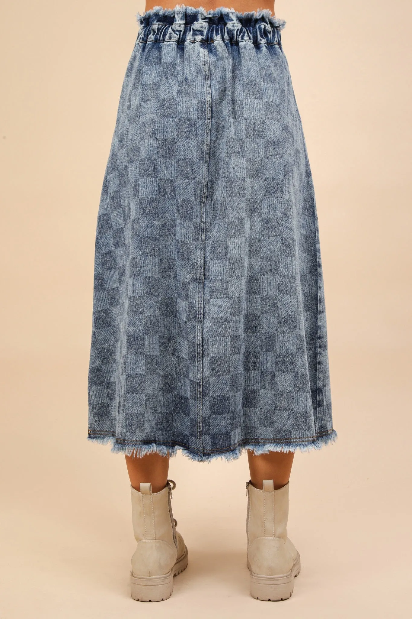 Washed Checkered Denim Midi Skirt