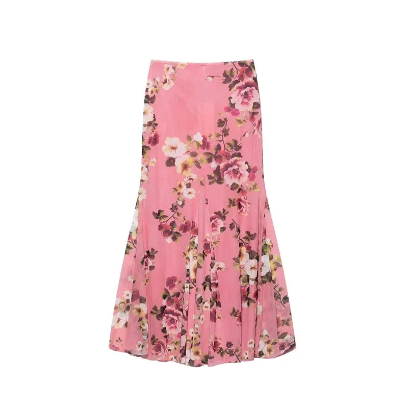 Willshela Women Fashion Tulle Printed Pleated Midi Skirt Vintage High Elastic Waist A-Line Female Chic Lady Skirts
