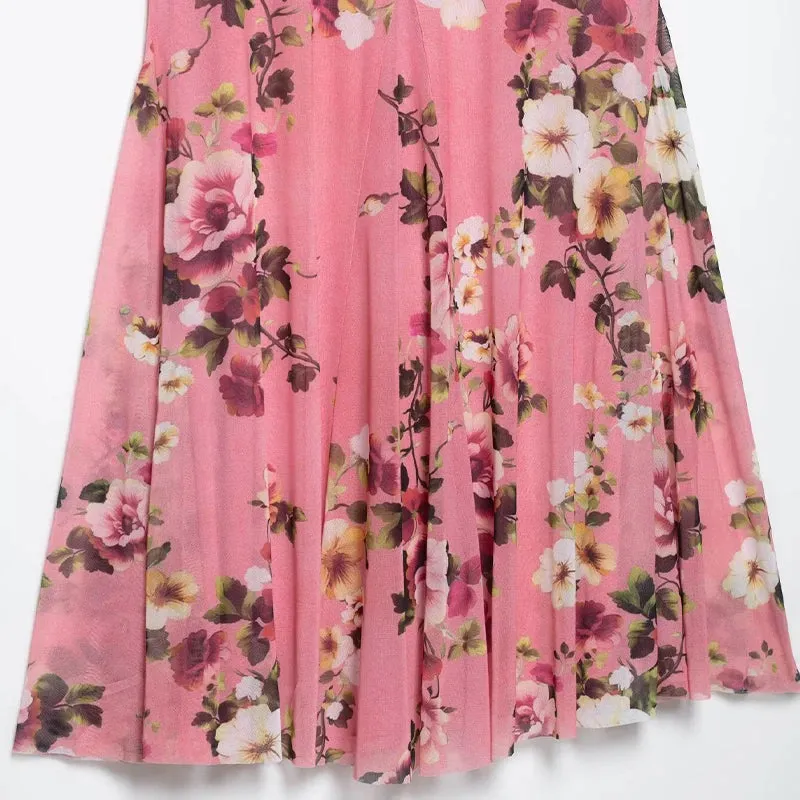 Willshela Women Fashion Tulle Printed Pleated Midi Skirt Vintage High Elastic Waist A-Line Female Chic Lady Skirts
