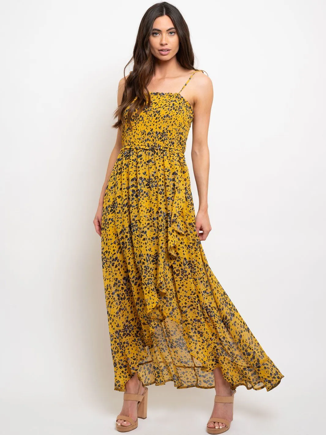 WOMEN'S ANIMAL PRINT RUFFLE MAXI DRESS