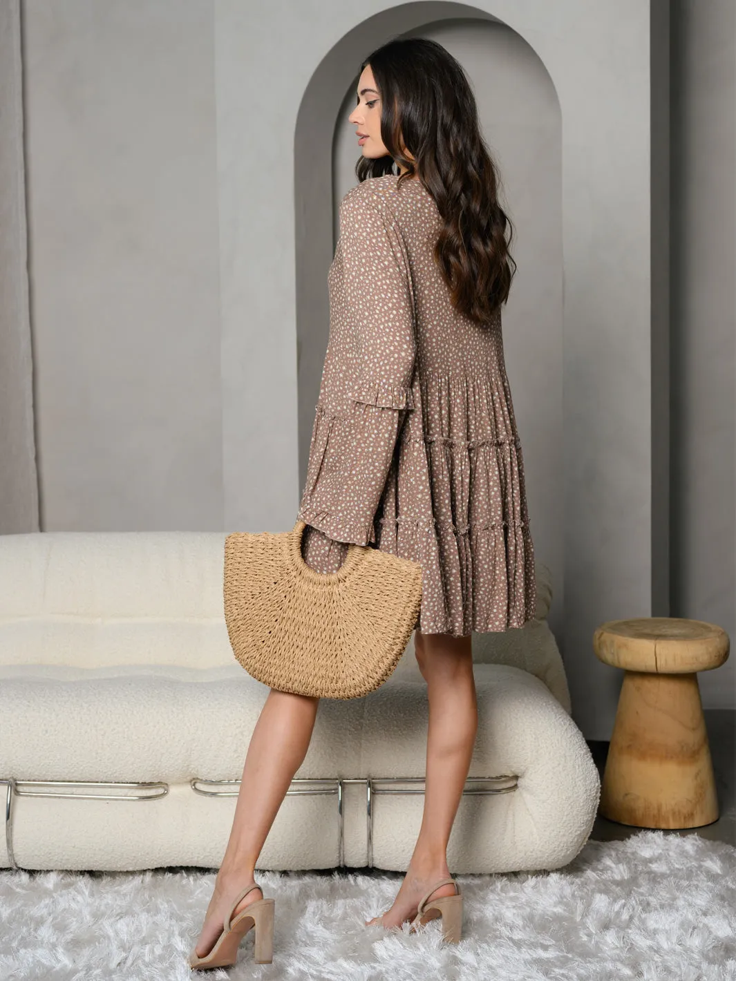 WOMEN'S ANIMAL PRINT V-NECK TIERED LONG SLEEVE MINI DRESS