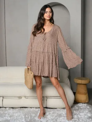 WOMEN'S ANIMAL PRINT V-NECK TIERED LONG SLEEVE MINI DRESS