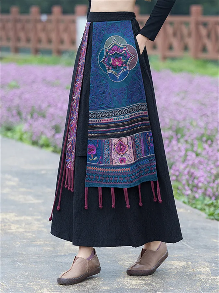 Women's Jacquard Applique Elasticated Waist Embroidered Ethnic Skirt