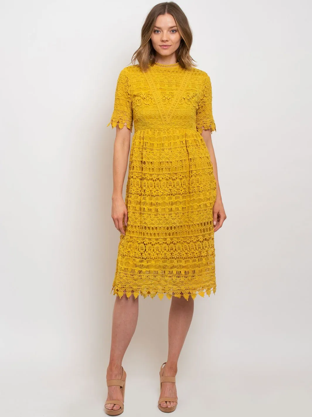 WOMEN'S LACE TRIMMED MIDI DRESS