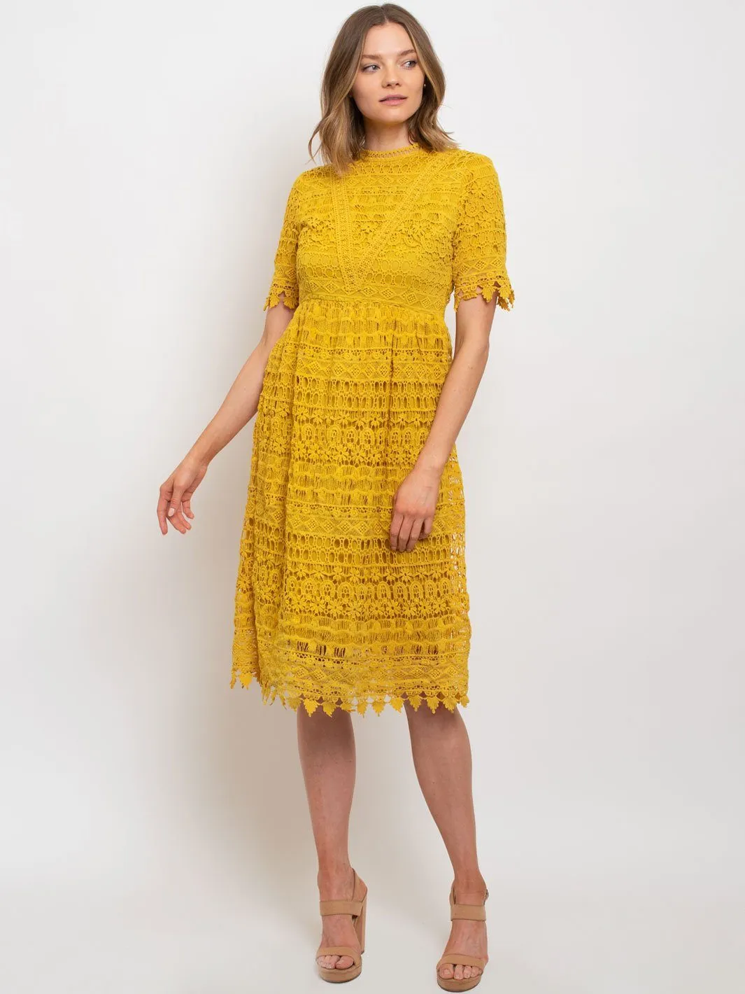 WOMEN'S LACE TRIMMED MIDI DRESS