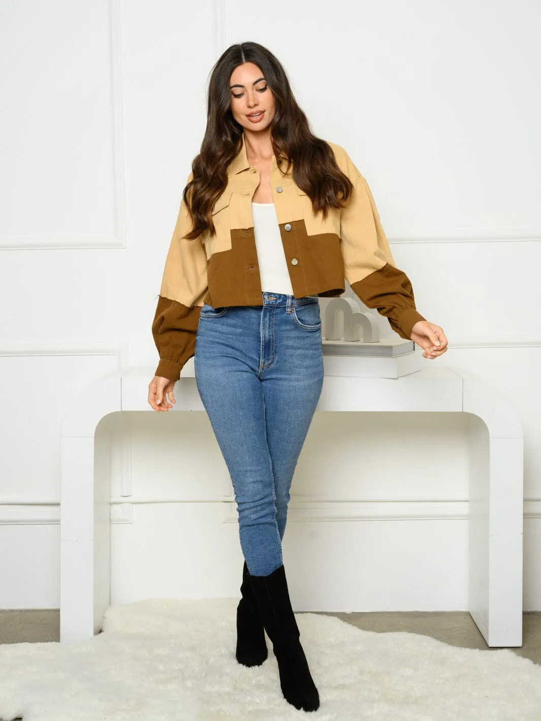 WOMEN'S LONG SLEEVE BUTTON UP CHAMBRAY COLORBLOCK JACKET