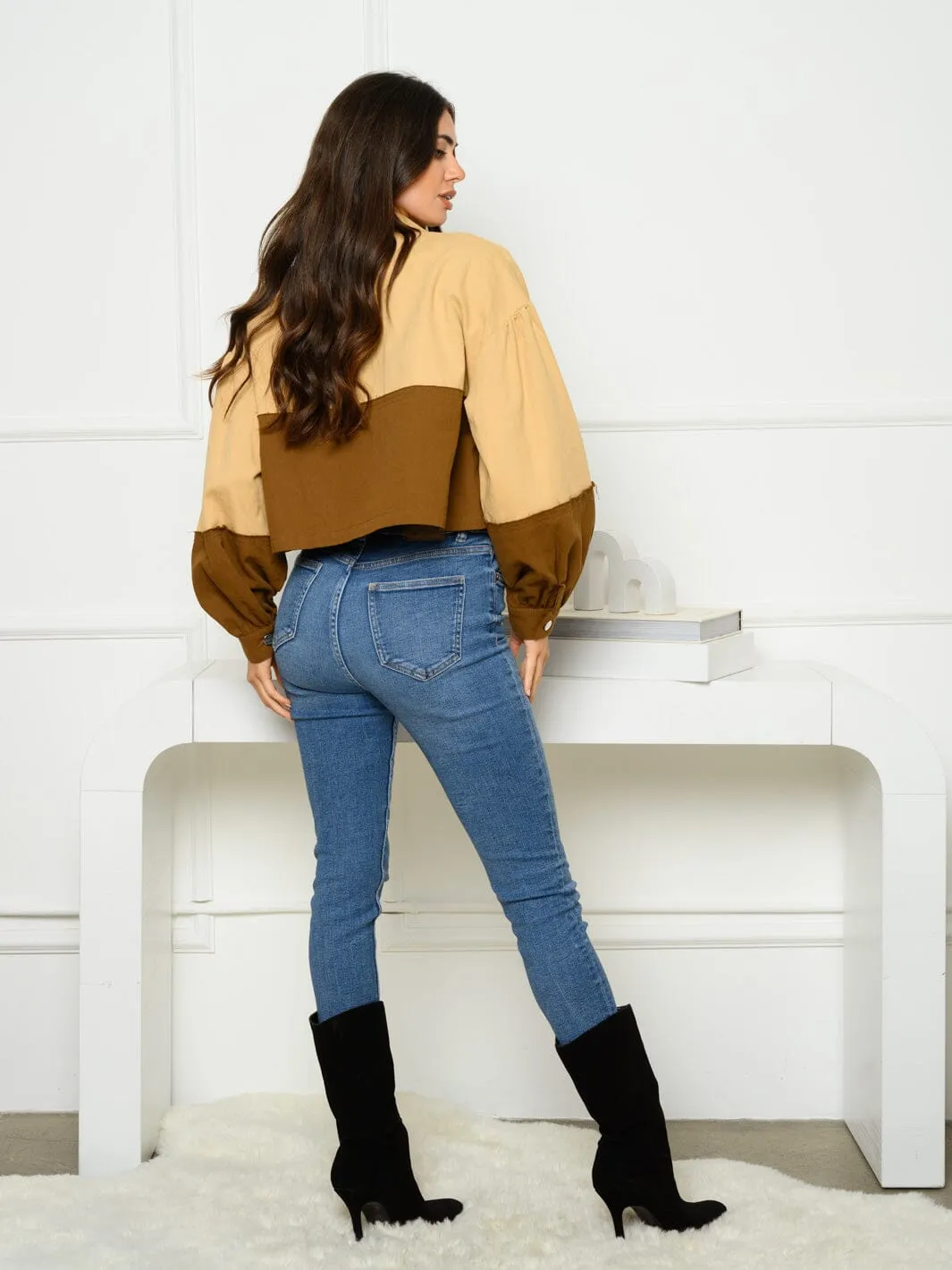 WOMEN'S LONG SLEEVE BUTTON UP CHAMBRAY COLORBLOCK JACKET