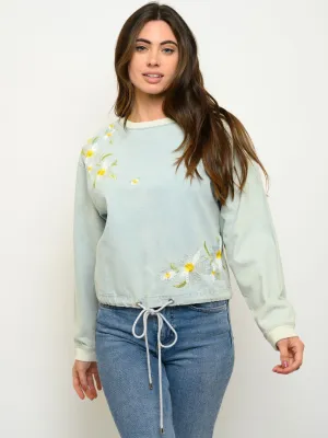 WOMEN'S LONG SLEEVE CHAMBRAY EMBROIDERY TOP