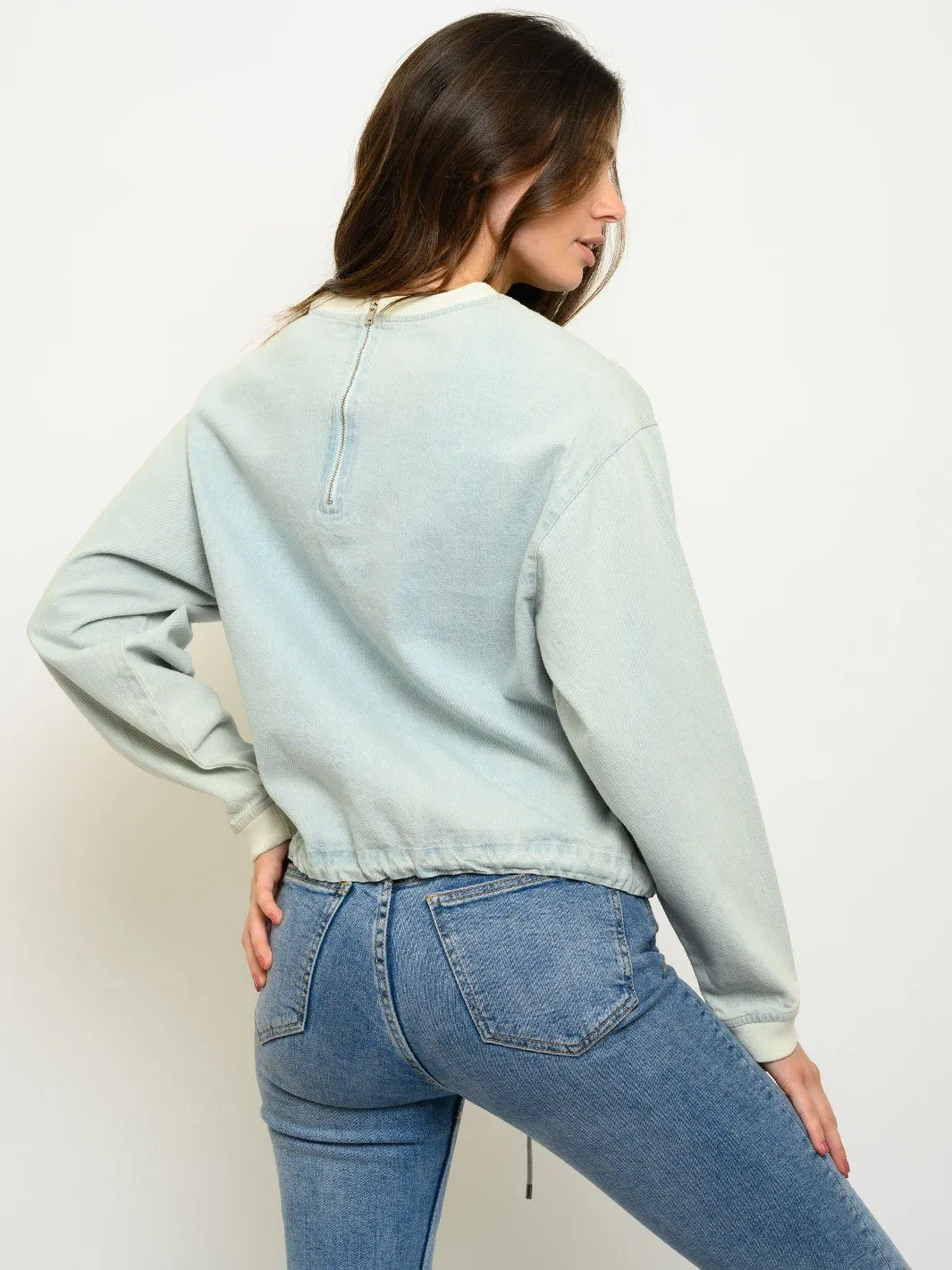 WOMEN'S LONG SLEEVE CHAMBRAY EMBROIDERY TOP