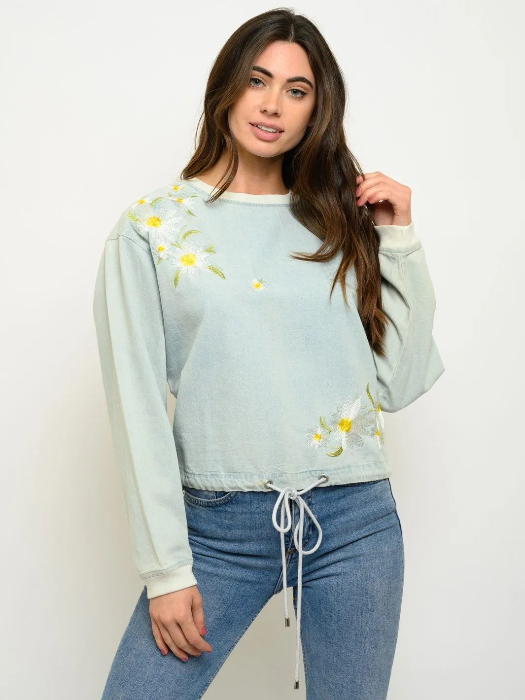 WOMEN'S LONG SLEEVE CHAMBRAY EMBROIDERY TOP