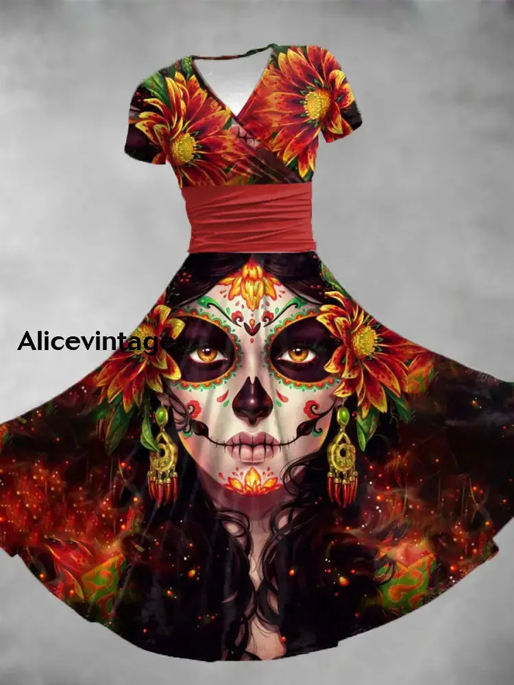 Women's Mexican Fiesta Cinco De Mayo Floral Art Printed Dress