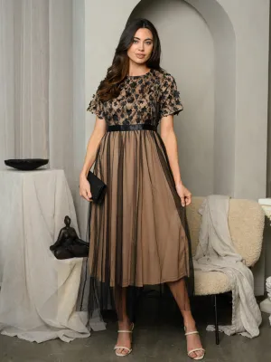 WOMEN'S TULLE LACE TRIMMED MAXI DRESS