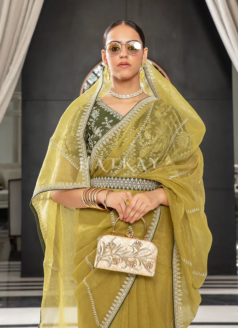 Yellow And Olive Embroidered Organza Saree