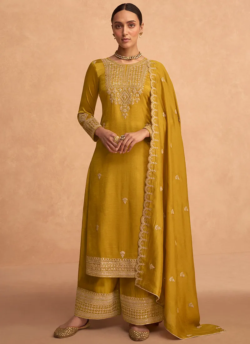 Yellow Embroidery Silk Festive Palazzo Suit