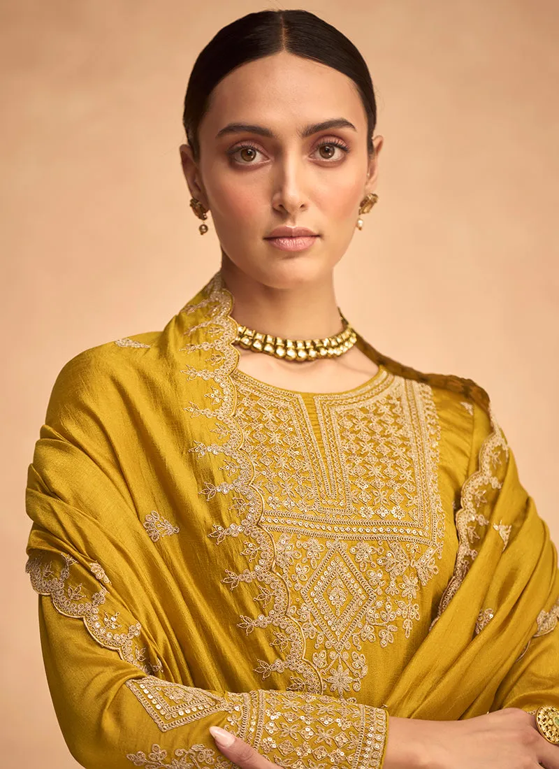 Yellow Embroidery Silk Festive Palazzo Suit