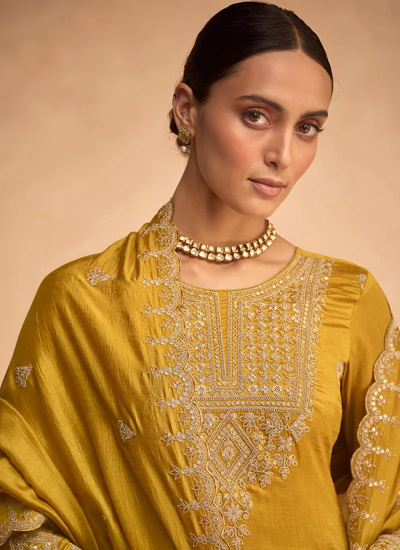 Yellow Embroidery Silk Festive Palazzo Suit