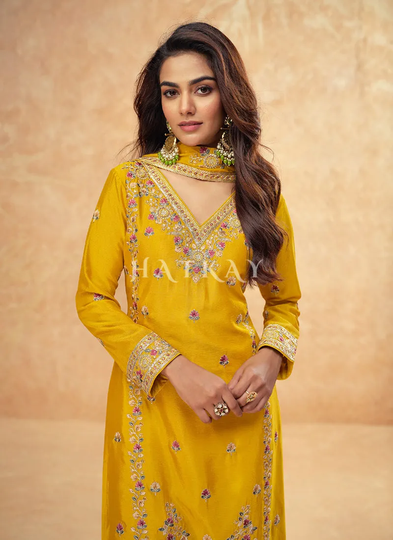 Yellow Multi Embroidery Palazzo Suit