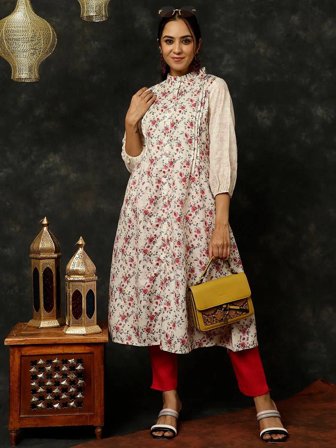 Yellow Rose Printed A-line Kurta